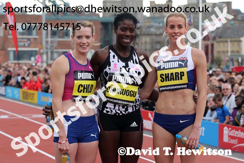 From left to right: 3rd Eilidh Child, winner Christine Ohuruogu and 2nd Lynsey Sharp after the 500 metres, Great North CityGames. Photo: David T. Hewitson/Sports for All Pics